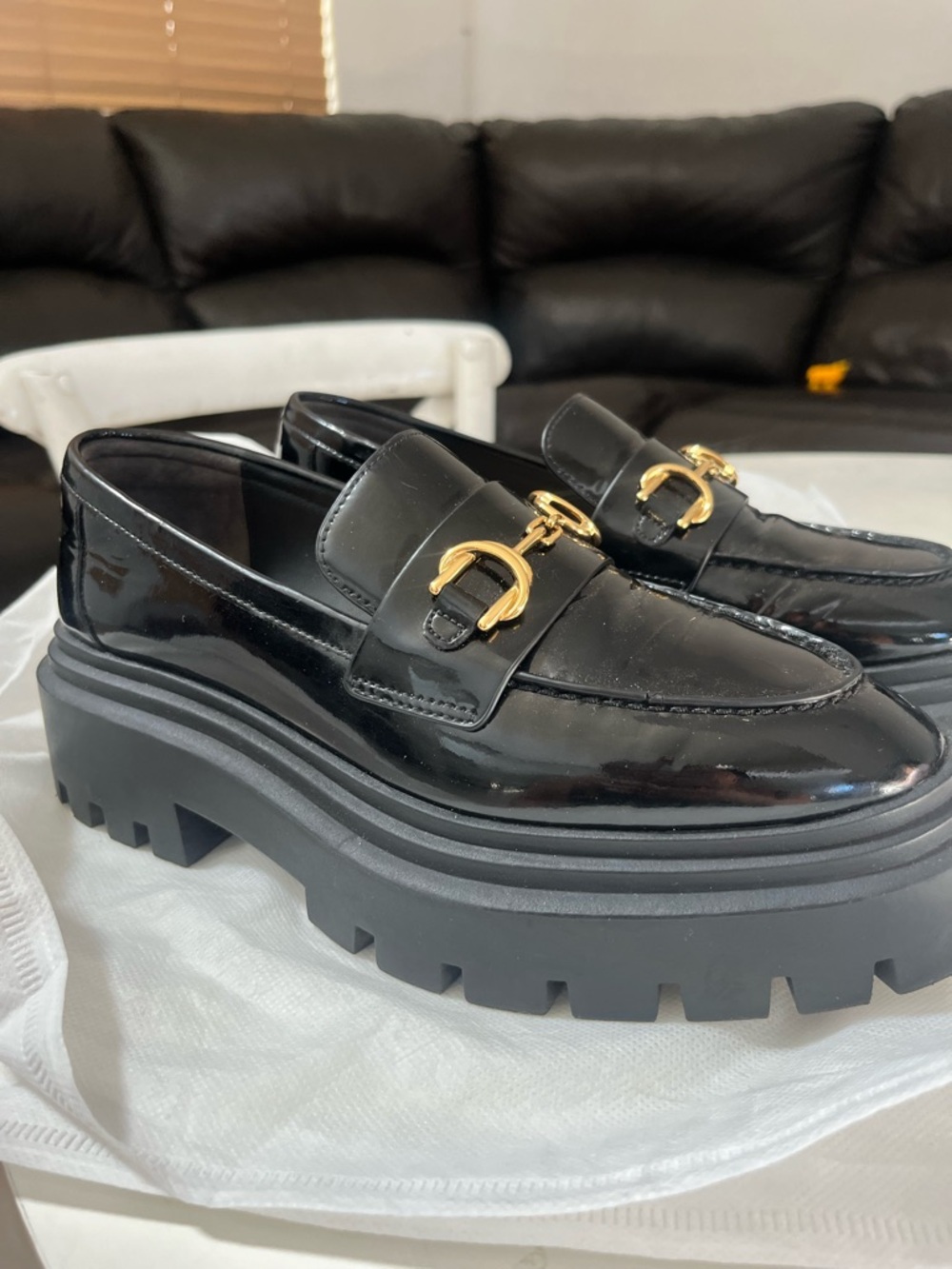 Stuart Weitzman Black Patent Chunky Lug Loafers with Gold Hardware